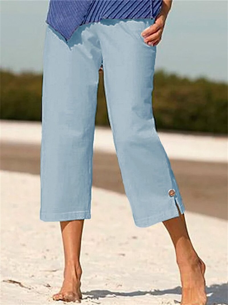 Per donna Pantaloni di lino Chino Simillino Tasche laterali Spacco cascante Polpaccio Nero del 2025 a $17.99 –P3