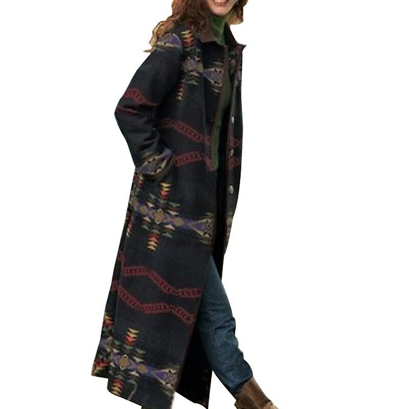 Women's Winter Coat Long Overcoat Single Breasted Lapel Pea Coat Thermal Warm Windproof Trench Coat with Pockets Retro Print Outerwear Fall Outerwear Long Sleeve Black 2024 - $51.99 –P2