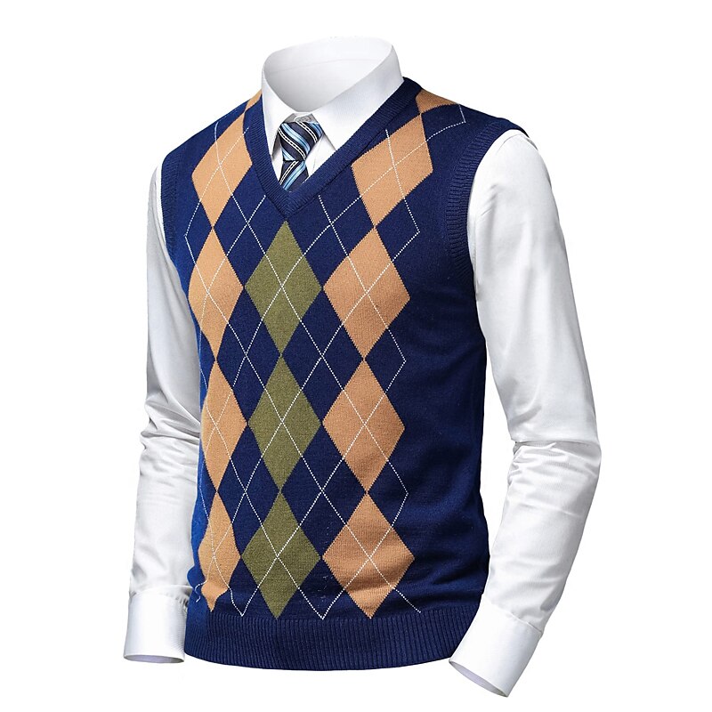 Men's Sweater Sweater Vest Pullover Ribbed Knit Knitted Plaid V Neck Stylish Casual Daily Wear Vacation Clothing Apparel Spring & Fall Camel Black S M L 2025 - $32.99 –P1