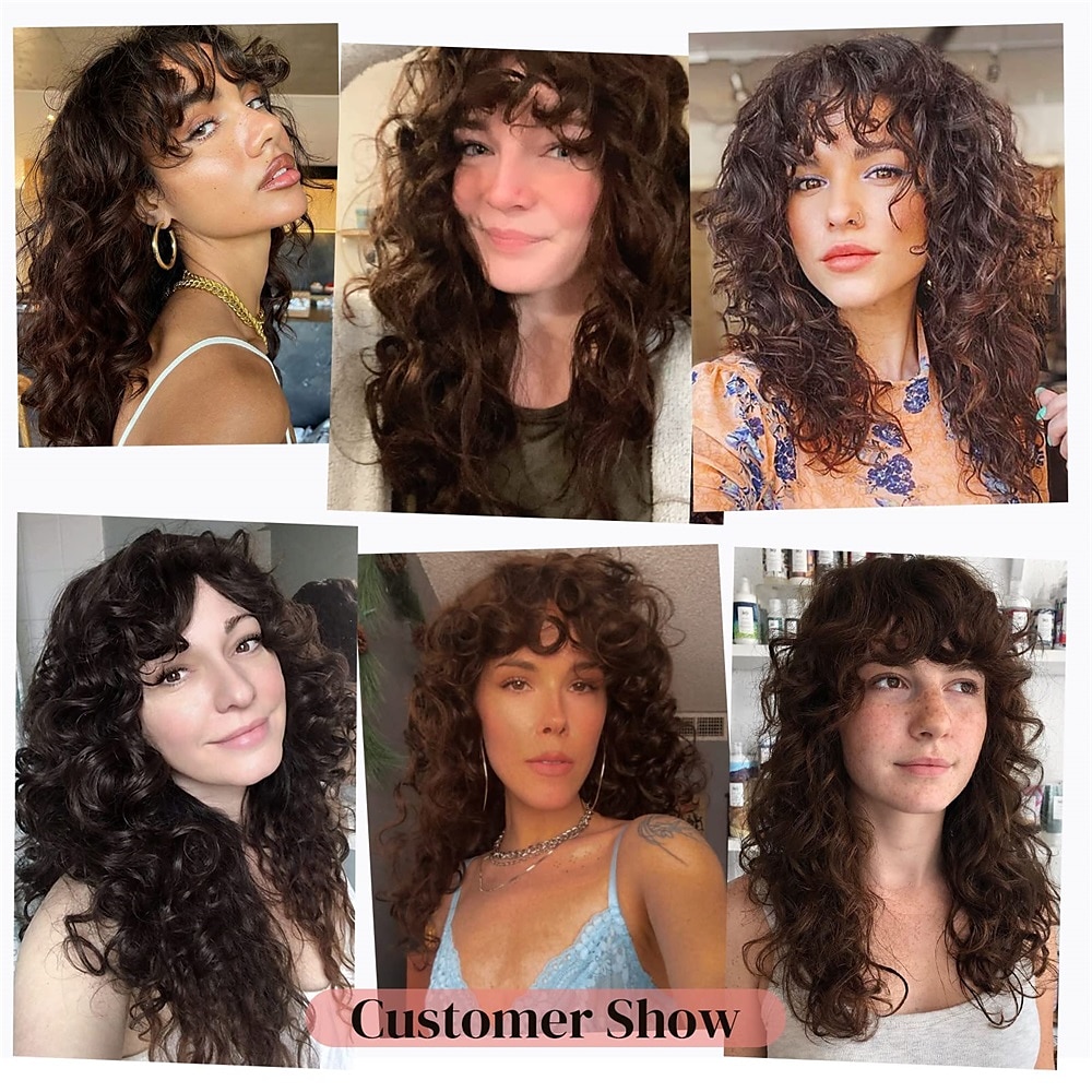 krullende pruik met pony voor vrouwen-lonai lange 23 inch chocoladebruine kinky pruiken met piekerige pony krullend prachtige shag synthetische pruik voor dagelijks gebruik party cosplay 2025 - $28.99 –P7