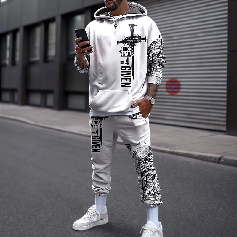 Men's Tracksuit Hoodies Set White Hooded Graphic Cross 2 Piece Print Sports  & Outdoor Casual Sports 3D Print Basic Streetwear Designer Fall Spring  Clothing Apparel Hoodies Sweatshirts 2024 - $39.99