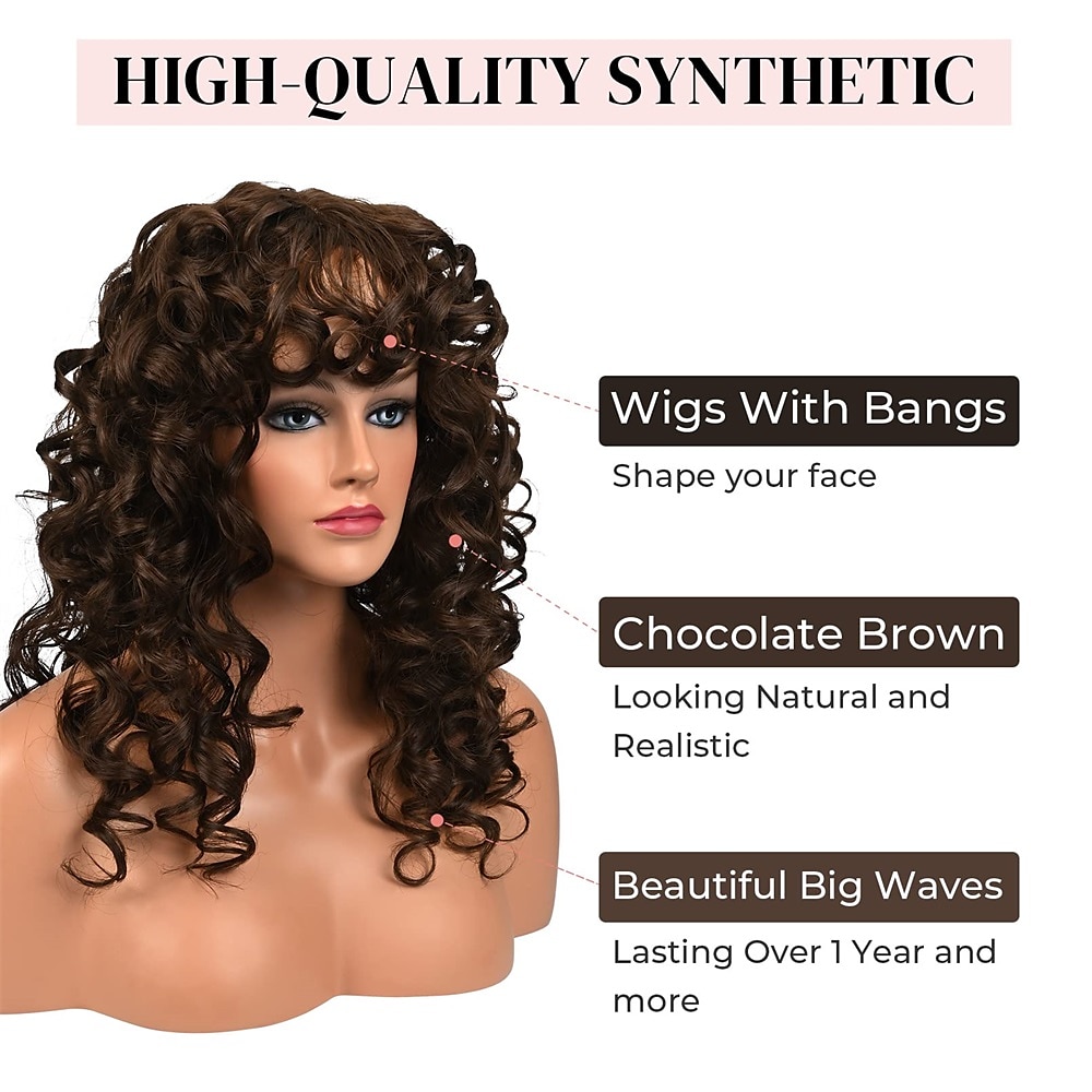 krullende pruik met pony voor vrouwen-lonai lange 23 inch chocoladebruine kinky pruiken met piekerige pony krullend prachtige shag synthetische pruik voor dagelijks gebruik party cosplay 2025 - $28.99 –P3