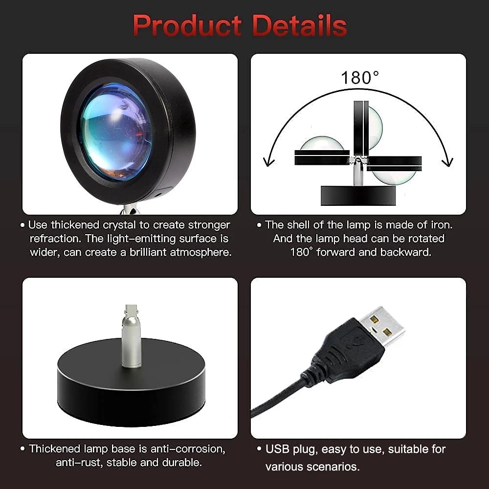 zonsondergang projectorlamp, usb-aangedreven regenboog zonsondergang sfeerlamp, 180 graden rotatie voor woonkamer slaapkamer bedlamp 2025 - $7.49 –P4