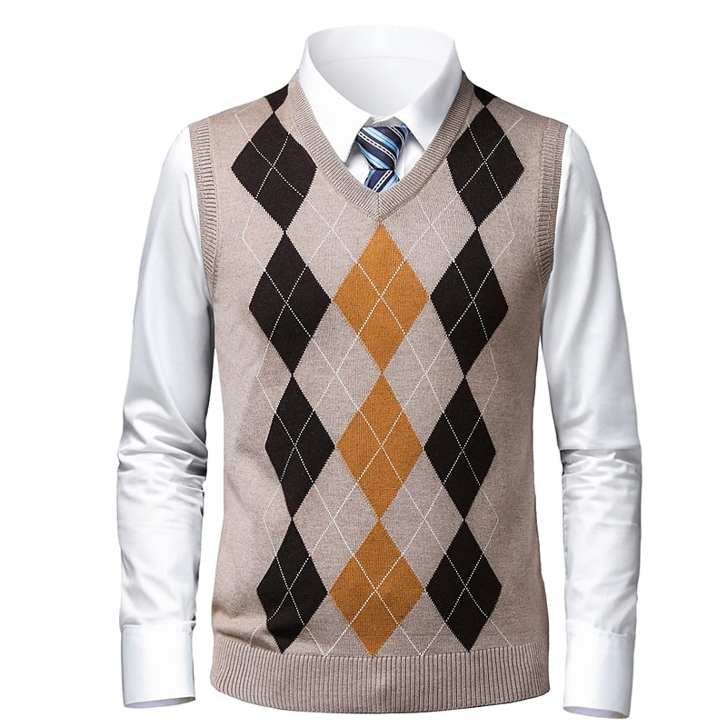 Men's Sweater Sweater Vest Pullover Ribbed Knit Knitted Plaid V Neck Stylish Casual Daily Wear Vacation Clothing Apparel Spring & Fall Camel Black S M L 2025 - $32.99 –P8
