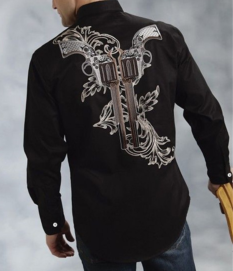 Herr Grafiska tryck Pistol Skjorta Västerländsk skjorta Cowboyskjorta Långärmad Mode Designer Ledigt Utomhus Dagligen Höst vinter Nedvikt Mönster Button-Down Svart Svart / Brun Brun Grå+Blå Blå + Blå 2025 - $26.99 –P1