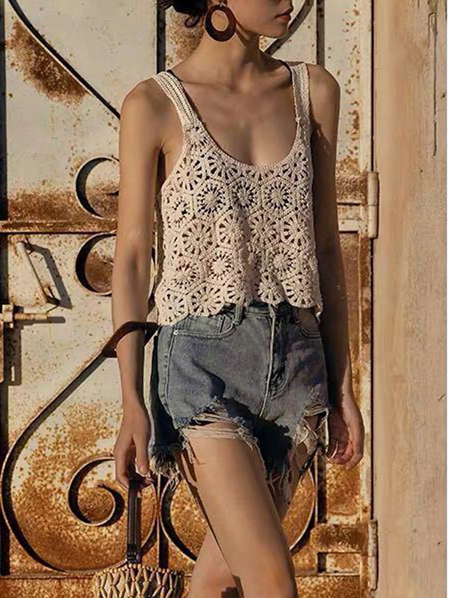 Women's Sweater Vest Deep U Crochet Knit Cotton Hollow Out Summer Spring Beach Sexy Sleeveless Solid Color Apricot One-Size 2023 - US $25.99 –P1