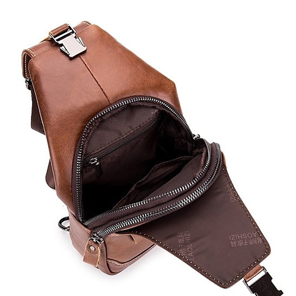 braune Sling Bag aus Leder für Herren mit verstellbarem Riemen und mehreren Reißverschlusstaschen – stylische Crossbody-Reise- und Freizeit-Umhängetasche 2025 - $46.99 –P4