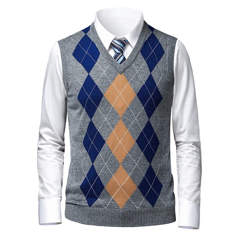 Men's Sweater Sweater Vest Pullover Ribbed Knit Knitted Plaid V Neck Stylish Casual Daily Wear Vacation Clothing Apparel Spring & Fall Camel Black S M L 2025 - $32.99 –P11