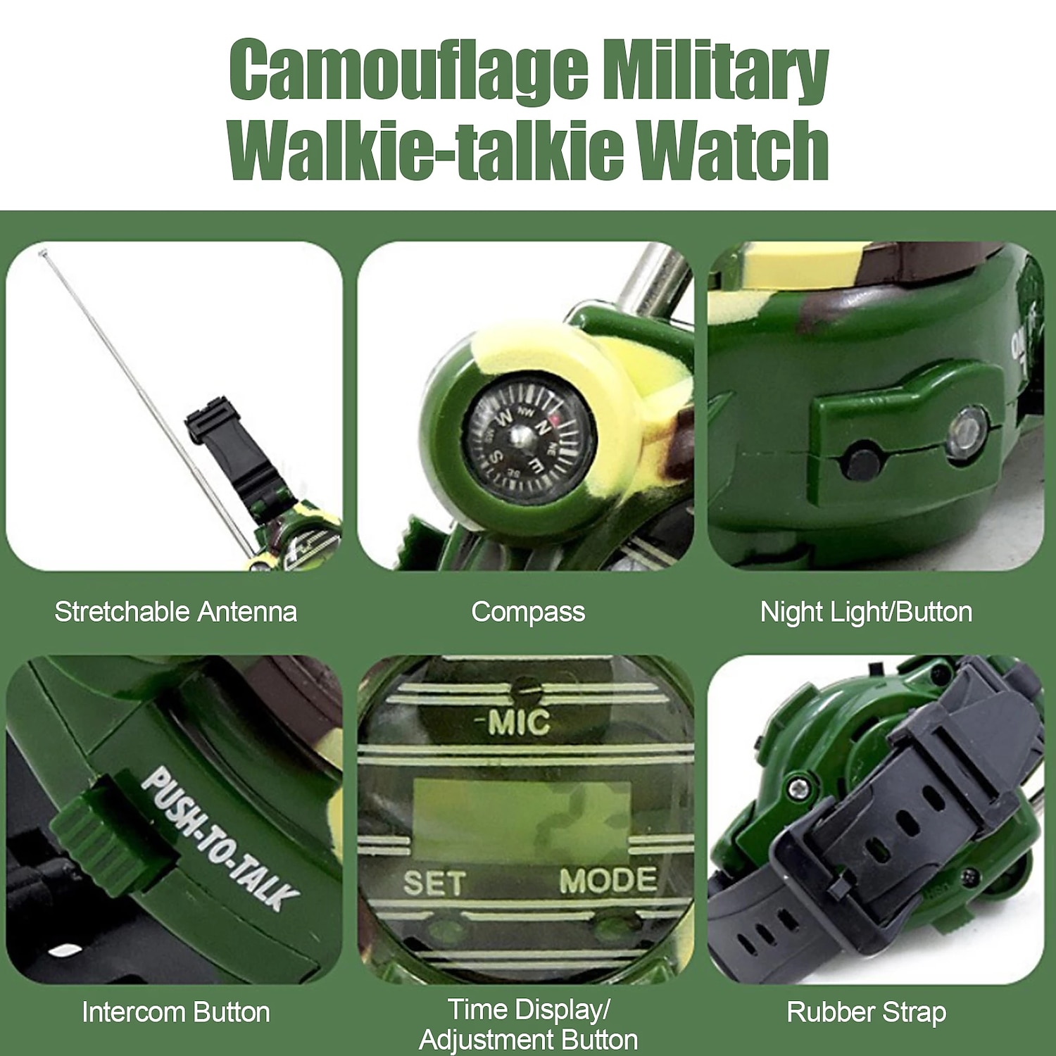 walkie talkies óra 7 az 1-ben funkció kém karóra játékok interfon játék beépített mikrofon fiú lányoknak 2db 2025 - $33.99 –P2
