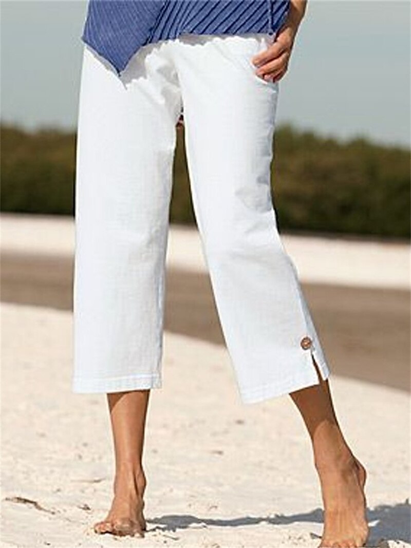 Per donna Pantaloni di lino Chino Simillino Tasche laterali Spacco cascante Polpaccio Nero del 2025 a $17.99 –P4