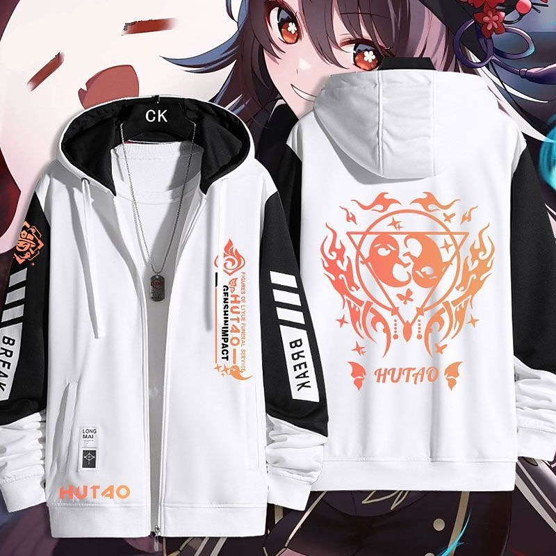 Genshin Impact Hutao Ytterklær Hettegenser med glidelås Animé Lomme foran Graphic Til Par Herre Dame Voksne Varmstempling Fritid / hverdag 2025 - $48.99 –P4