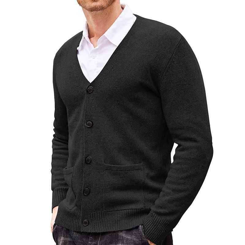 Herr Tröja Cardigan Tröja Ribbad Sticka Stickat Slät V-hals Mode Ledigt Sport Dagliga kläder Kläder Vår & Höst Vinrött Svart M L XL 2025 - $22.99 –P6