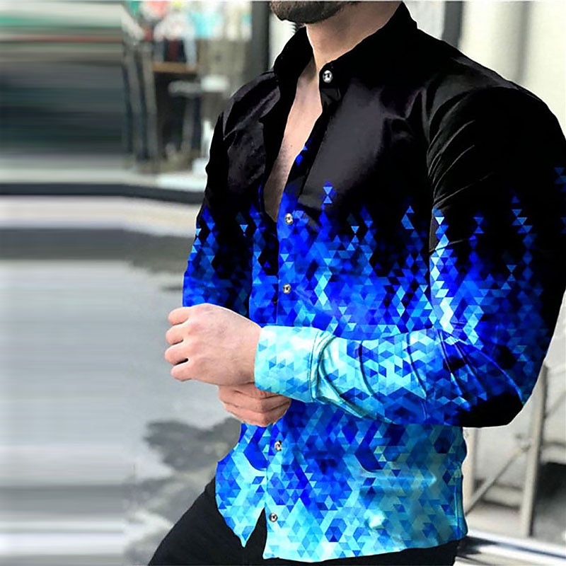 Bărbați Dungi Geometrie Flacără Cămașă Camașă cu nasturi Manșon Lung Modă Designer Casual În aer liber Zilnic Toamna iarna Răsfrânt Imprimeu Buton în jos Bleumarin Albastru piscină Albastru celest 2025 - $26.99 –P1
