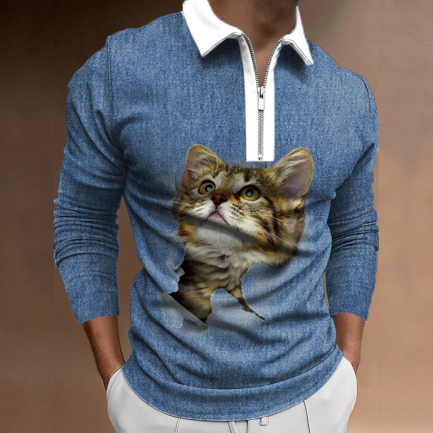 Voor heren Kat Poloshirts met rits Golfshirt Lange mouw Poloshirt Overhemden met kraag Casual Grappig Streetwear Vakantiekleding Feestoutfits 3D-afdrukken Polo met kwartrits Zwart blauw White + Gray 2025 - $23.99 –P4