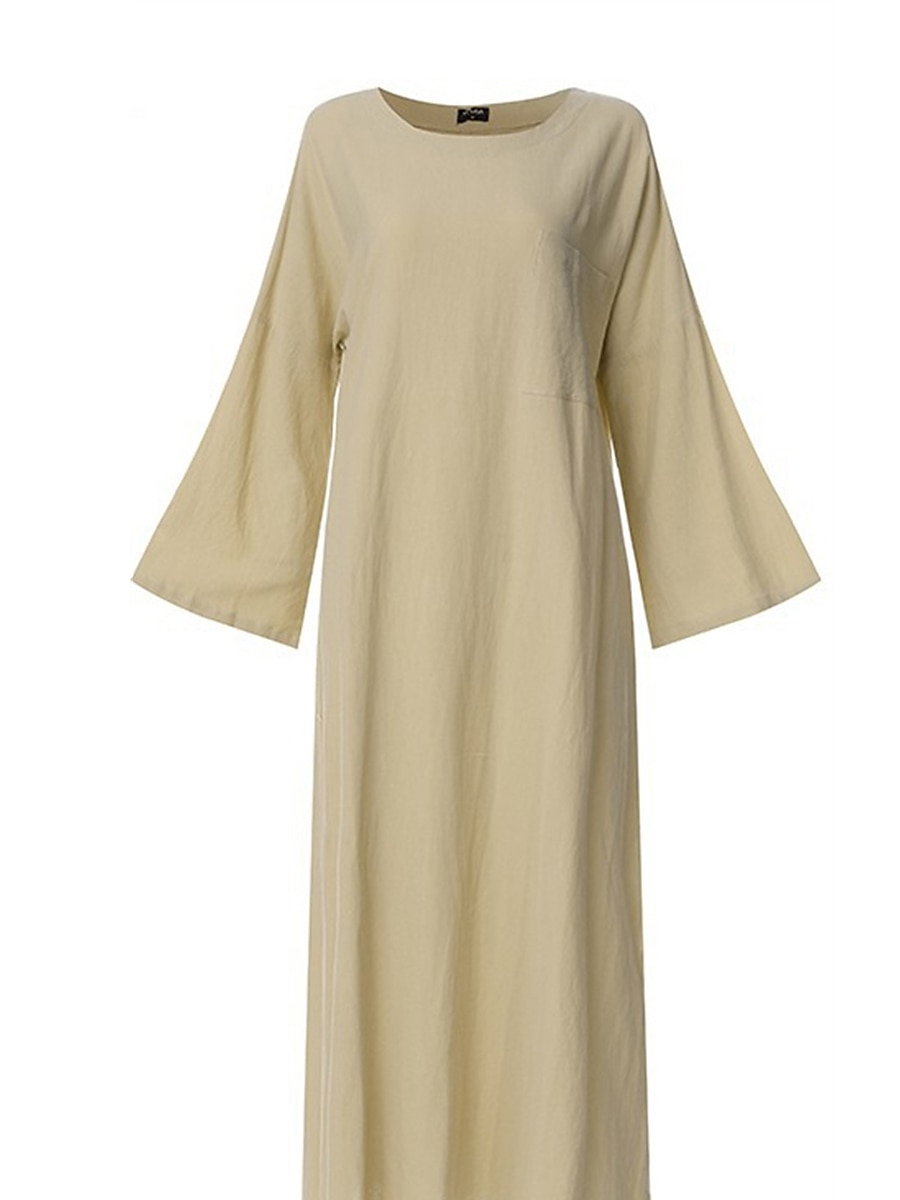 Damen Weiß Kaki Frühling Herbst Maxidress Weißes Kleid Casual kleid Sommerkleid aus Baumwolle Basic Brautkleider schlicht Outdoor Täglich Lockere Passform Einfarbig Rundhalsausschnitt 2025 - $28.99 –P5