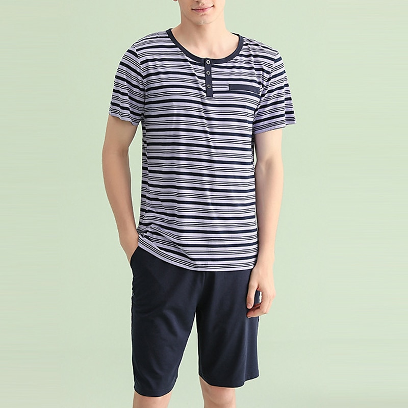 Homens Loungewear Conjunto de Pijama Top e shorts de pijama 1conjunto Listra à moda Casual Casa Diário De Cama Algodão Respirável Macio Gola Redonda Manga Curta Camiseta Calção Cintura elástica de 2025 por $13.39 –P4