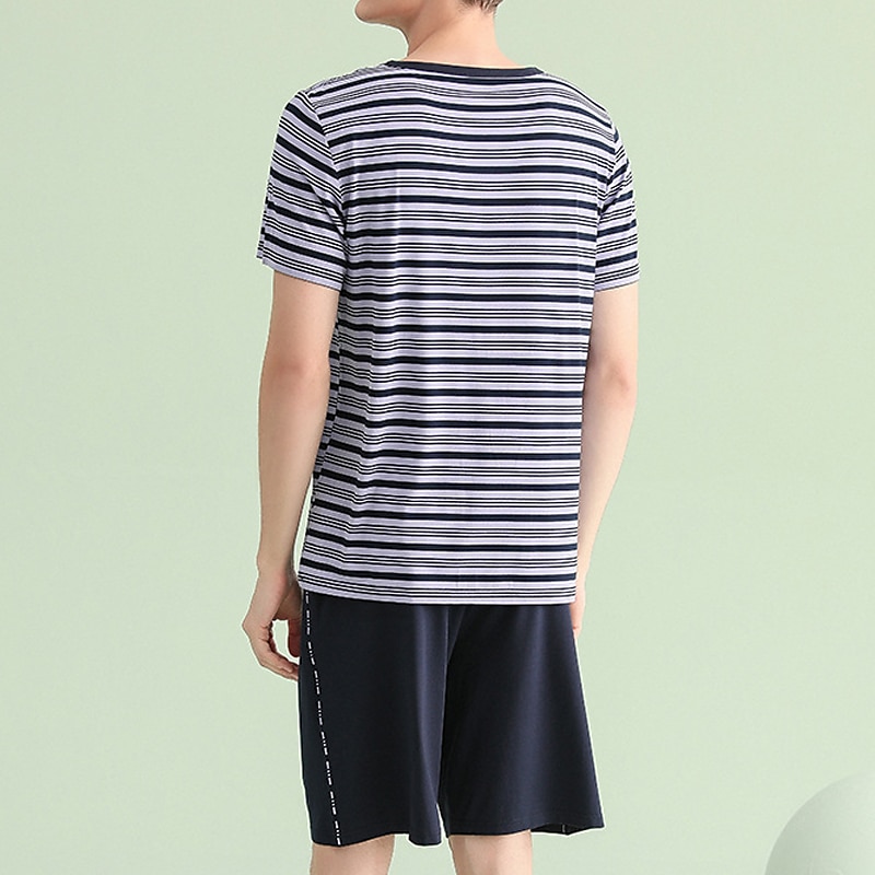 Homens Loungewear Conjunto de Pijama Top e shorts de pijama 1conjunto Listra à moda Casual Casa Diário De Cama Algodão Respirável Macio Gola Redonda Manga Curta Camiseta Calção Cintura elástica de 2025 por $13.39 –P5