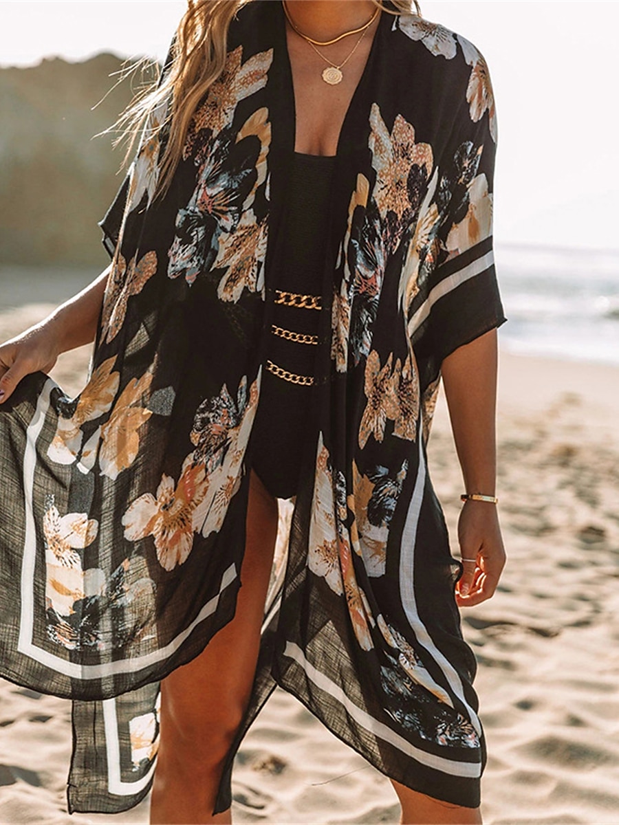 Per donna Prendisole Abito da spiaggia Abbigliamento da spiaggia Vestito longuette Stampa Essenziale Informale Floreale Apertura anteriore Mezza manica Morbido Esterno Giornaliero Nero Blu marino 2023 del 2025 a $32.99 –P1