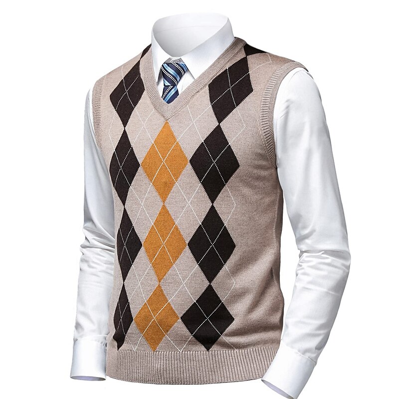 Men's Sweater Sweater Vest Pullover Ribbed Knit Knitted Plaid V Neck Stylish Casual Daily Wear Vacation Clothing Apparel Spring & Fall Camel Black S M L 2025 - $32.99 –P7
