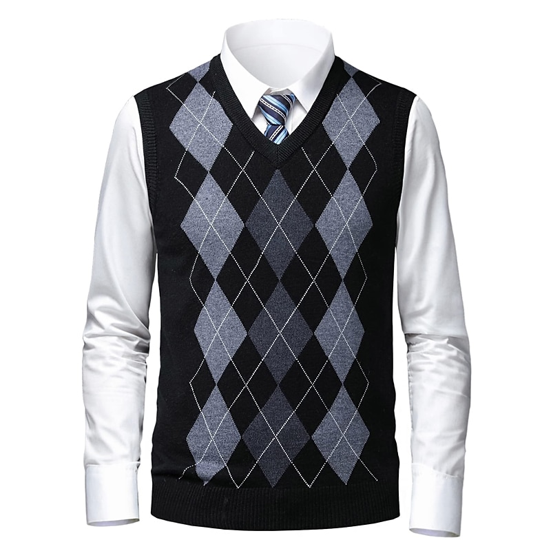 Men's Sweater Sweater Vest Pullover Ribbed Knit Knitted Plaid V Neck Stylish Casual Daily Wear Vacation Clothing Apparel Spring & Fall Camel Black S M L 2025 - $32.99 –P5