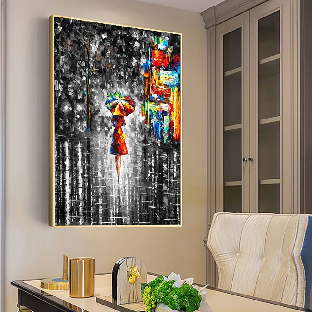 ручная роспись маслом холст акриловые настенные художественные украшения современная черно-белая картина ножом романтической дождливой уличной сцены для домашнего декора свернутая бескаркасная 2026 - $80.99 –P7