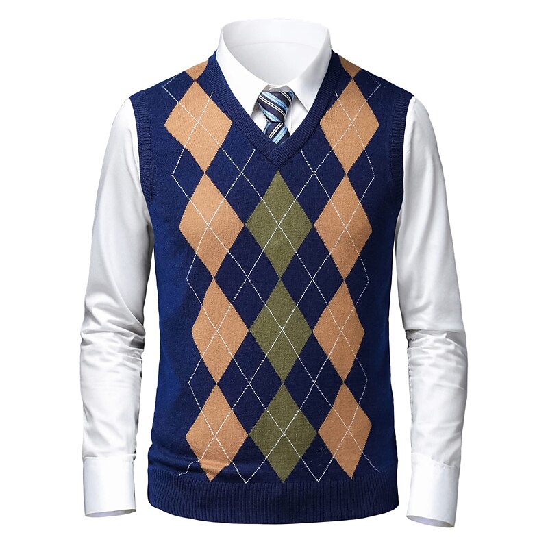 Men's Sweater Sweater Vest Pullover Ribbed Knit Knitted Plaid V Neck Stylish Casual Daily Wear Vacation Clothing Apparel Spring & Fall Camel Black S M L 2025 - $32.99 –P2