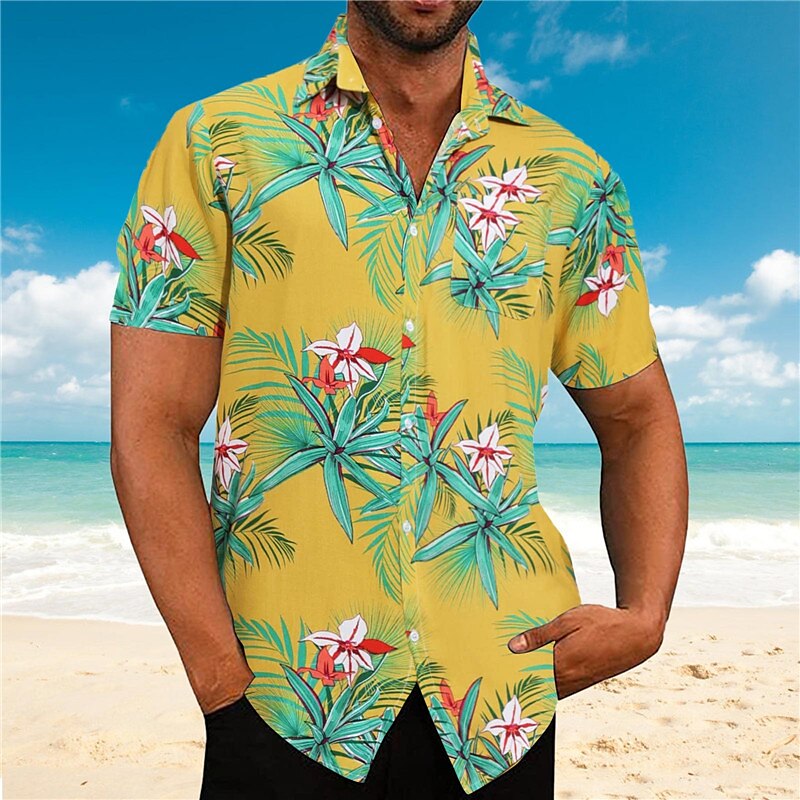 Hawaiian Style Yellow and Black Men's Hawaiian Shirt Summer Beach