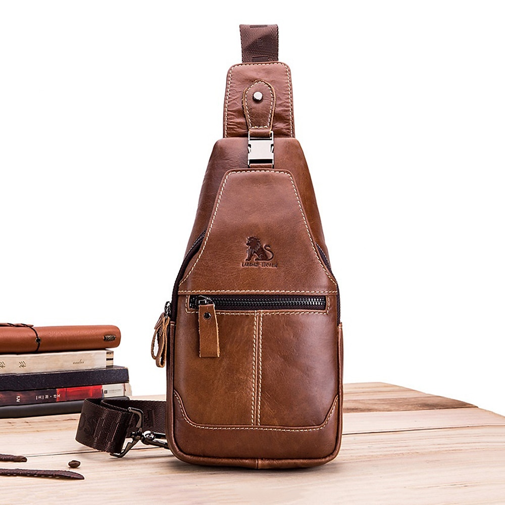 braune Sling Bag aus Leder für Herren mit verstellbarem Riemen und mehreren Reißverschlusstaschen – stylische Crossbody-Reise- und Freizeit-Umhängetasche 2025 - $46.99 –P2