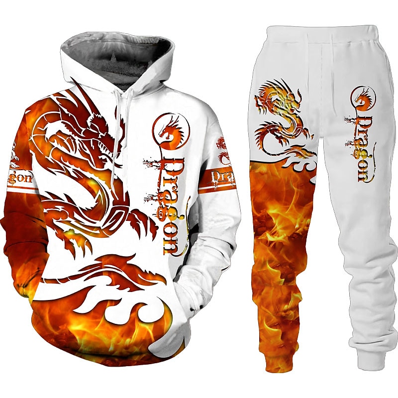 Men's Graphic Dragon 2pcs 3D Sweatshirt Sets Tracksuit Hoodies Long Sleeve Long pants Hooded Streetwear Designer Basic Sports & Outdoor Casual Sports Print Spring Fall Red Orange 2025 - $38.99 –P1