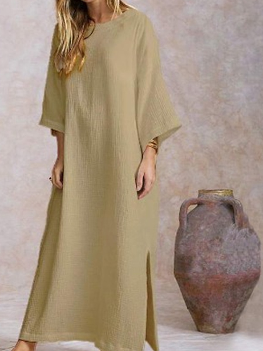Damen Weiß Kaki Frühling Herbst Maxidress Weißes Kleid Casual kleid Sommerkleid aus Baumwolle Basic Brautkleider schlicht Outdoor Täglich Lockere Passform Einfarbig Rundhalsausschnitt 2025 - $28.99 –P4