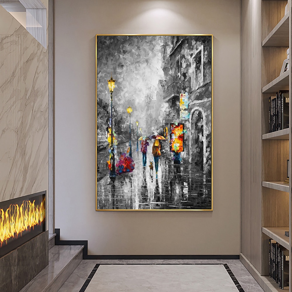 ручная роспись маслом холст акриловые настенные художественные украшения современная черно-белая картина ножом романтической дождливой уличной сцены для домашнего декора свернутая бескаркасная 2026 - $80.99 –P11