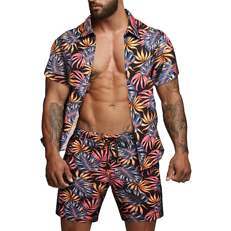 Bărbați Floral Frunze Plante tropicale 2 buc Seturi de camasi Cămașă hawaiană Manșon scurt Pantaloni scurti Răsfrânt Tropical Modă Hawaiană Stradă Casual Hawaiian Imprimeu Vară Primăvară Negru Alb 2025 - $34.99 –P2