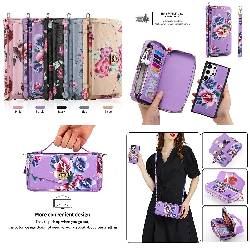 Phone Case For Samsung Galaxy S24 S23 S22 Plus  Ultra Note 20 Ultra Wallet Case Wallet Mirror Zipper Flower TPU PC PU Leather 2025 - $47.99 –P7