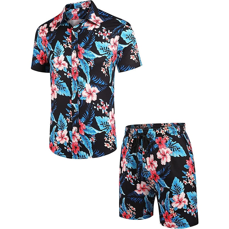 Bărbați Floral Frunze Plante tropicale 2 buc Seturi de camasi Cămașă hawaiană Manșon scurt Pantaloni scurti Răsfrânt Tropical Modă Hawaiană Stradă Casual Hawaiian Imprimeu Vară Primăvară Negru Alb 2025 - $34.99 –P16