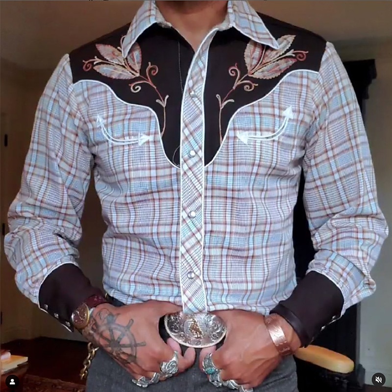 Herr Rutig Grafiska tryck Skjorta Västerländsk skjorta Cowboyskjorta Långärmad Mode Designer Ledigt Utomhus Dagligen Höst vinter Nedvikt Mönster Button-Down Blå Purpur Grön Kaki 2025 - $25.99 –P3
