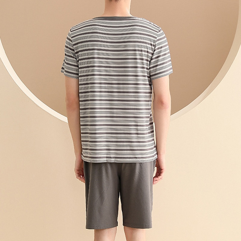 Homens Loungewear Conjunto de Pijama Top e shorts de pijama 1conjunto Listra à moda Casual Casa Diário De Cama Algodão Respirável Macio Gola Redonda Manga Curta Camiseta Calção Cintura elástica de 2025 por $13.39 –P3