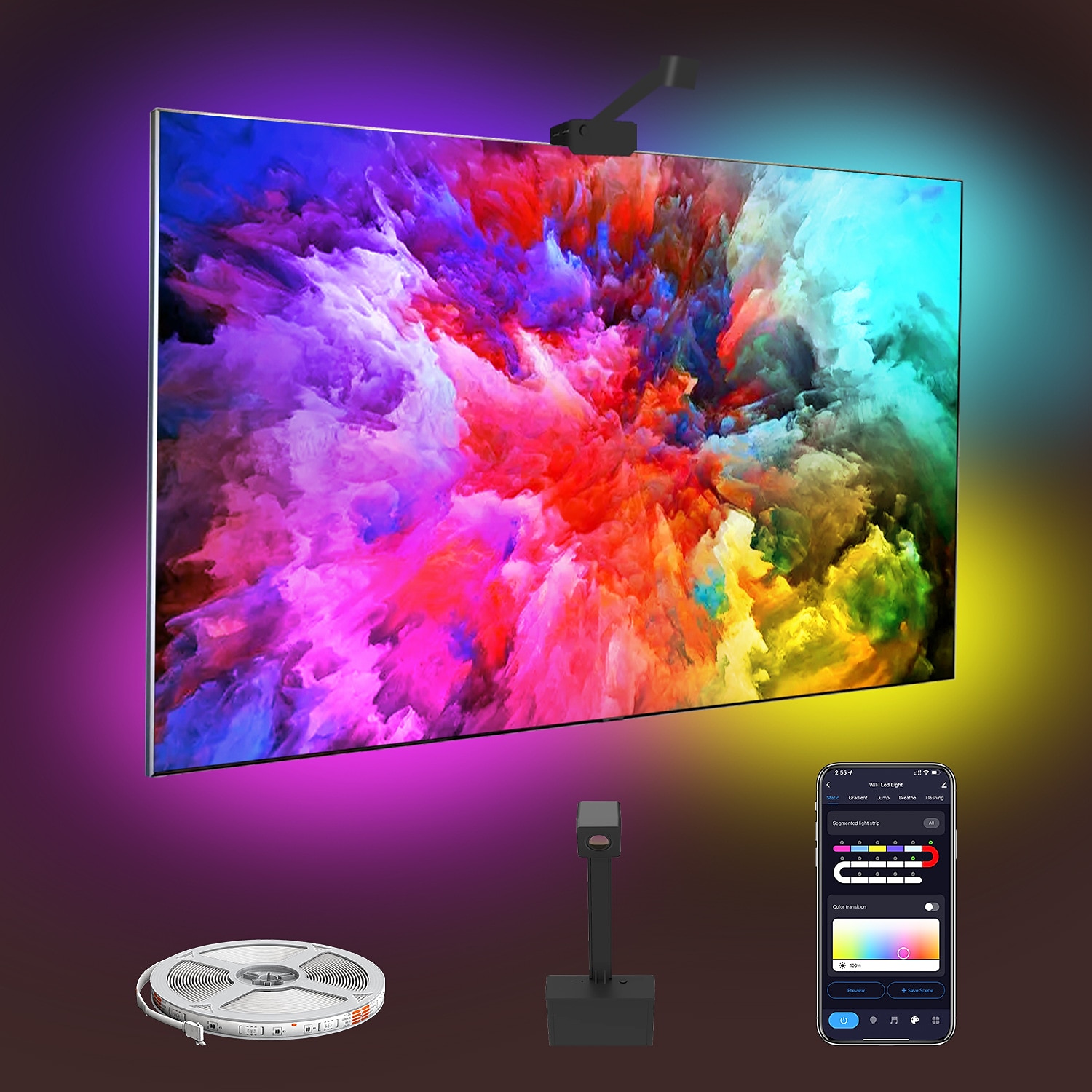 Envisual TV rétroéclairages LED avec caméra 3,8 m rgbic wi-fi rétroéclairages TV pour téléviseurs PC fonctionne avec Alexa et Google Assistant App Control Music Sync TV Dimmable Lights de 2025 ? $83.99 –P1