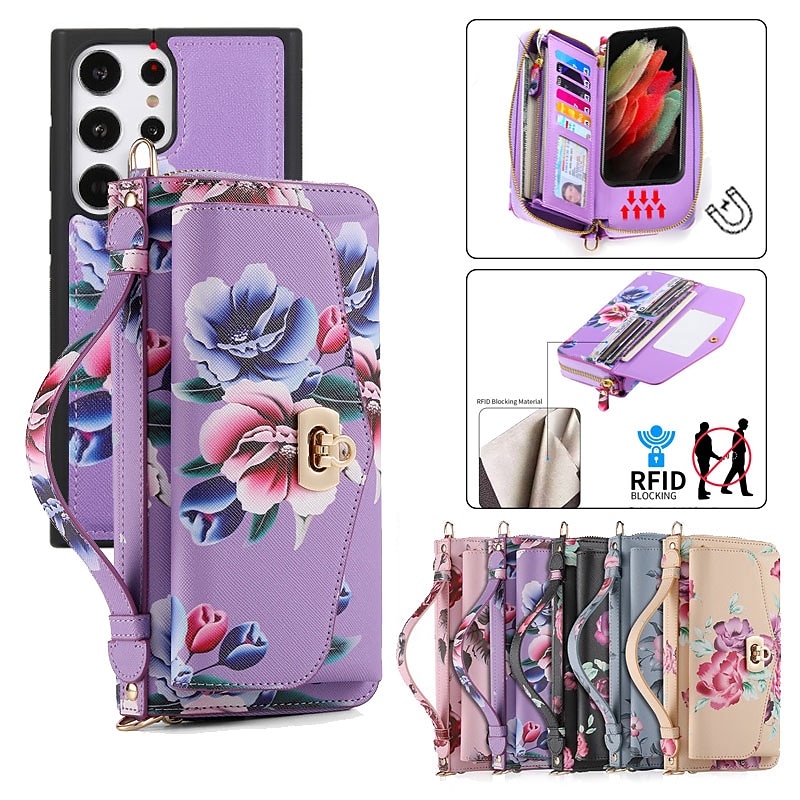 Phone Case For Samsung Galaxy S24 S23 S22 Plus  Ultra Note 20 Ultra Wallet Case Wallet Mirror Zipper Flower TPU PC PU Leather 2025 - $47.99 –P1
