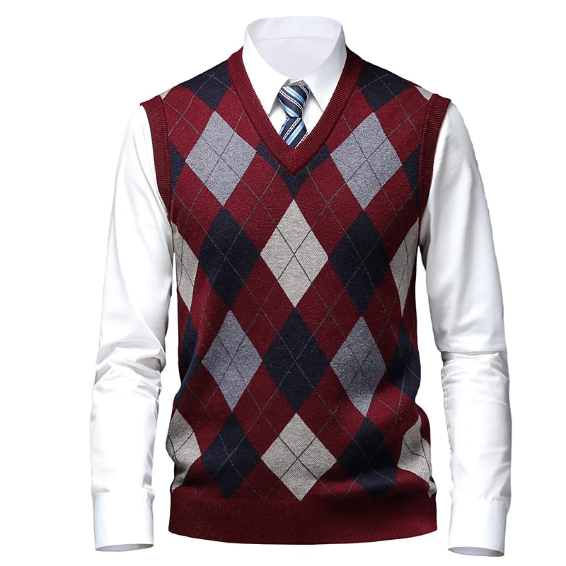 Homens Suéter Colete de moletom Suéteres sociais masculinos Pulôver Estriado Tricotar Tricotado Xadrez Decote V à moda Casual Roupa Diária Férias Roupa Primavera & Outono Camelo Vinho M L XL de 2026 por $44.99 –P5