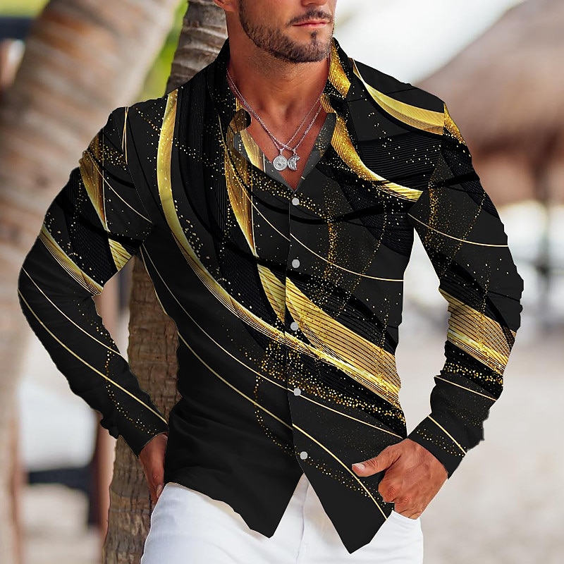 Men's Geometric Pattern Linear Shirt Button Up Shirt Long Sleeve Sports Fashion Streetwear Outdoor Casual Daily Fall & Winter Turndown Print Button-Down Blue Gold Green Gray 2025 - $26.99 –P1
