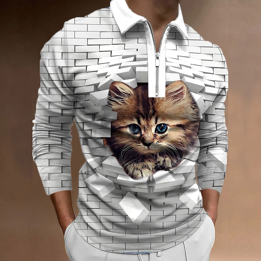 Voor heren Kat Poloshirts met rits Golfshirt Lange mouw Poloshirt Overhemden met kraag Casual Grappig Streetwear Vakantiekleding Feestoutfits 3D-afdrukken Polo met kwartrits Zwart blauw White + Gray 2025 - $23.99 –P5