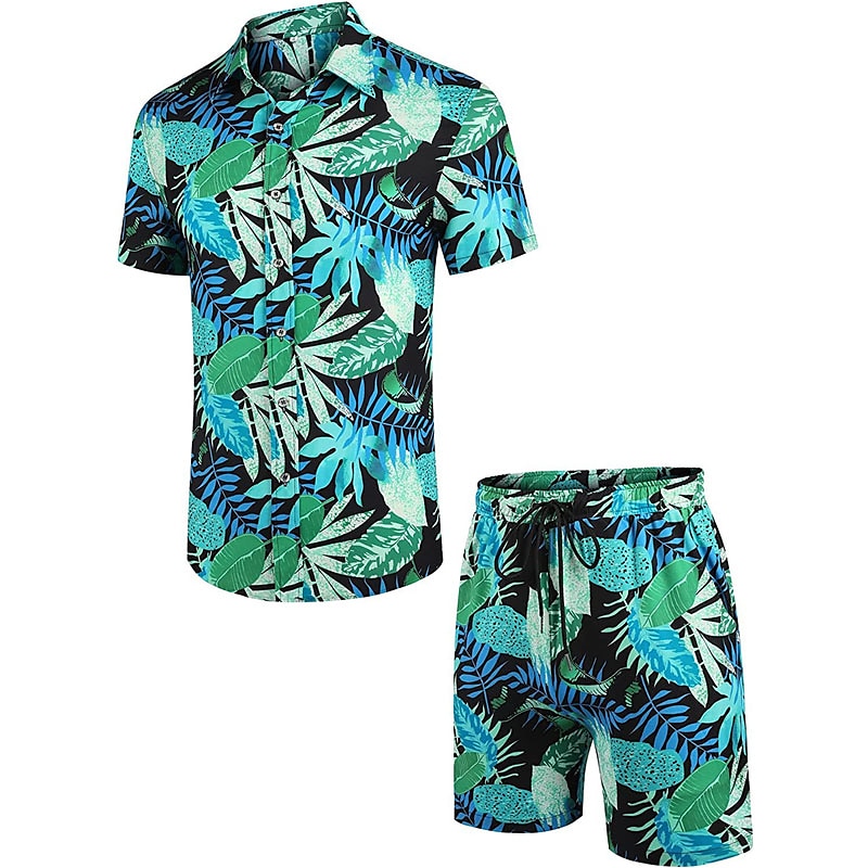 Bărbați Floral Frunze Plante tropicale 2 buc Seturi de camasi Cămașă hawaiană Manșon scurt Pantaloni scurti Răsfrânt Tropical Modă Hawaiană Stradă Casual Hawaiian Imprimeu Vară Primăvară Negru Alb 2025 - $34.99 –P8
