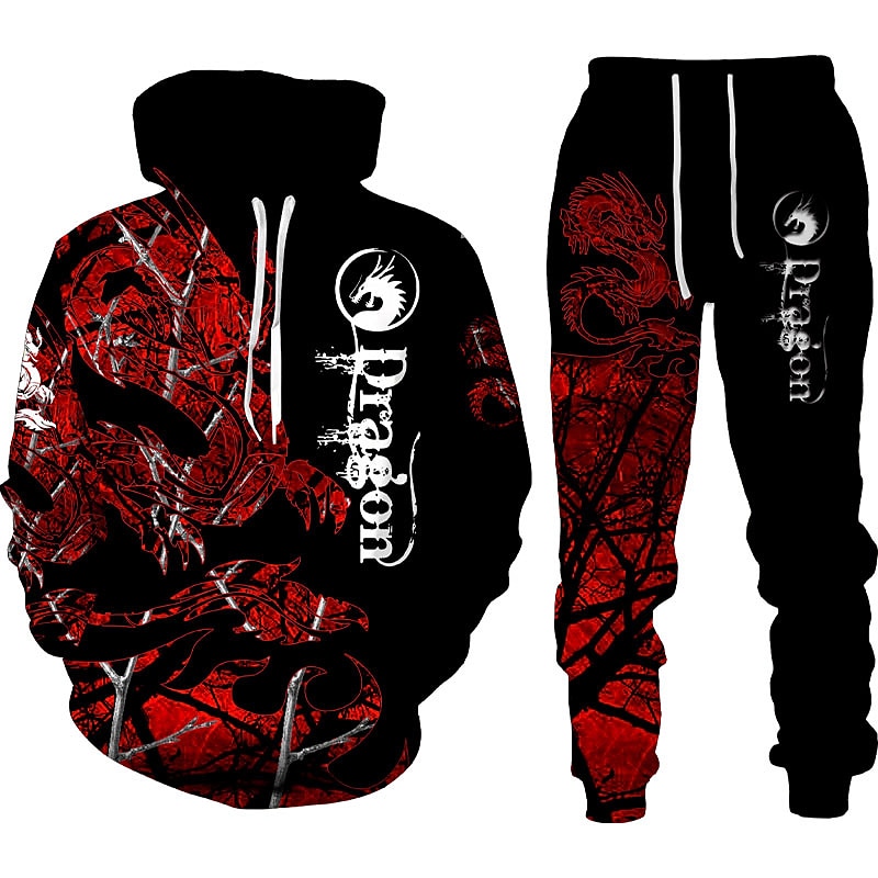 Men's Graphic Dragon 2pcs 3D Sweatshirt Sets Tracksuit Hoodies Long Sleeve Long pants Hooded Streetwear Designer Basic Sports & Outdoor Casual Sports Print Spring Fall Red Orange 2025 - $38.99 –P2