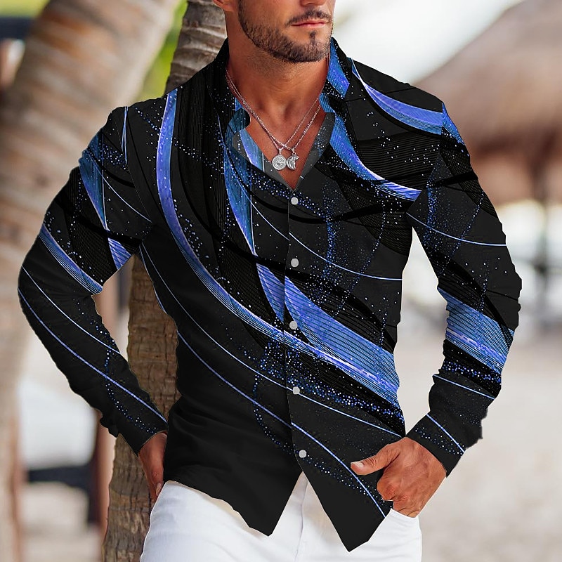 Men's Geometric Pattern Linear Shirt Button Up Shirt Long Sleeve Sports Fashion Streetwear Outdoor Casual Daily Fall & Winter Turndown Print Button-Down Blue Gold Green Gray 2025 - $26.99 –P2