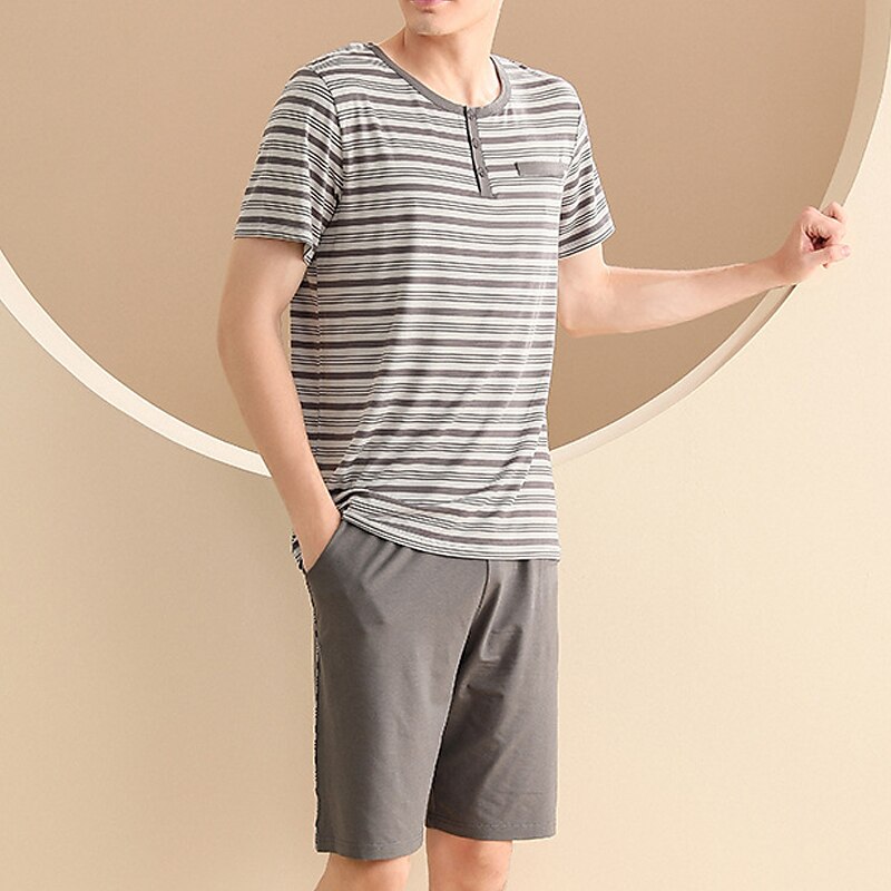 Homens Loungewear Conjunto de Pijama Top e shorts de pijama 1conjunto Listra à moda Casual Casa Diário De Cama Algodão Respirável Macio Gola Redonda Manga Curta Camiseta Calção Cintura elástica de 2025 por $13.39 –P2