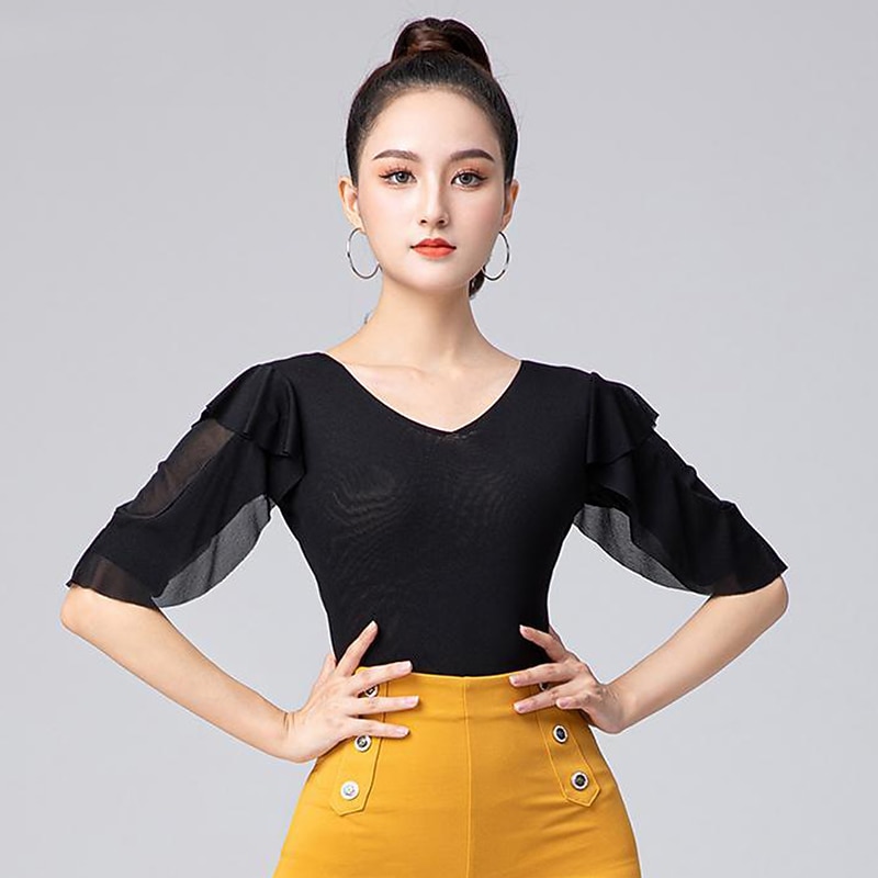 Latein-Tanz Sportkleidung Gymnastikanzug / Einteiler Rüschen Horizontal gerüscht Pure Farbe Damen Leistung Ausbildung Halbe Ärmel Hoch Polyester 2026 - $41.99 –P3