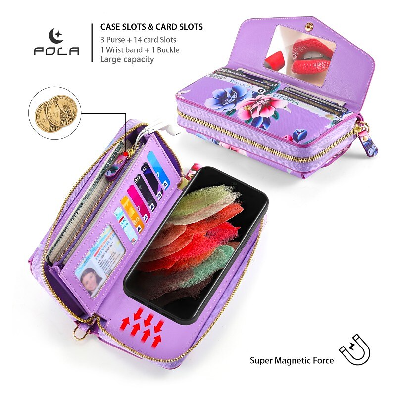 Phone Case For Samsung Galaxy S24 S23 S22 Plus  Ultra Note 20 Ultra Wallet Case Wallet Mirror Zipper Flower TPU PC PU Leather 2025 - $47.99 –P3