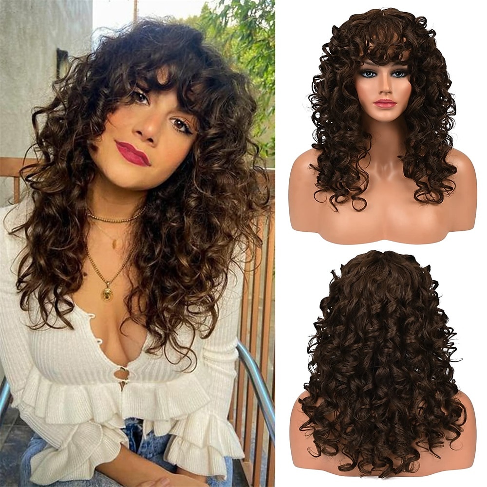 parrucca riccia con frangia per le donne-lonai lunghe parrucche crespi color cioccolato da 23 pollici con frangia sottile ricci splendida parrucca sintetica shag per uso quotidiano party cosplay del 2025 a $28.99 –P1