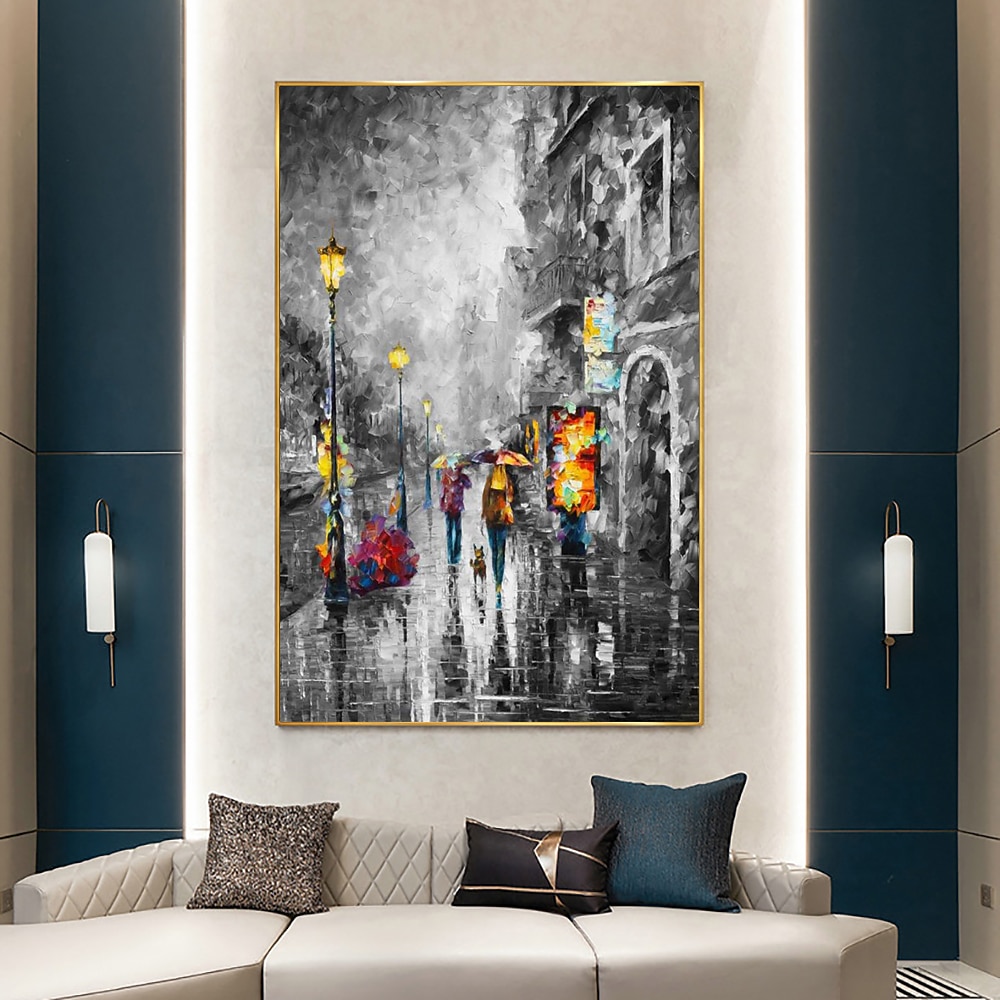 ручная роспись маслом холст акриловые настенные художественные украшения современная черно-белая картина ножом романтической дождливой уличной сцены для домашнего декора свернутая бескаркасная 2026 - $80.99 –P10