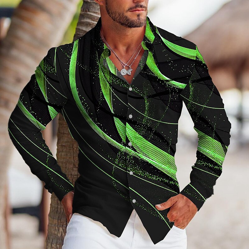 Men's Geometric Pattern Linear Shirt Button Up Shirt Long Sleeve Sports Fashion Streetwear Outdoor Casual Daily Fall & Winter Turndown Print Button-Down Blue Gold Green Gray 2025 - $26.99 –P3